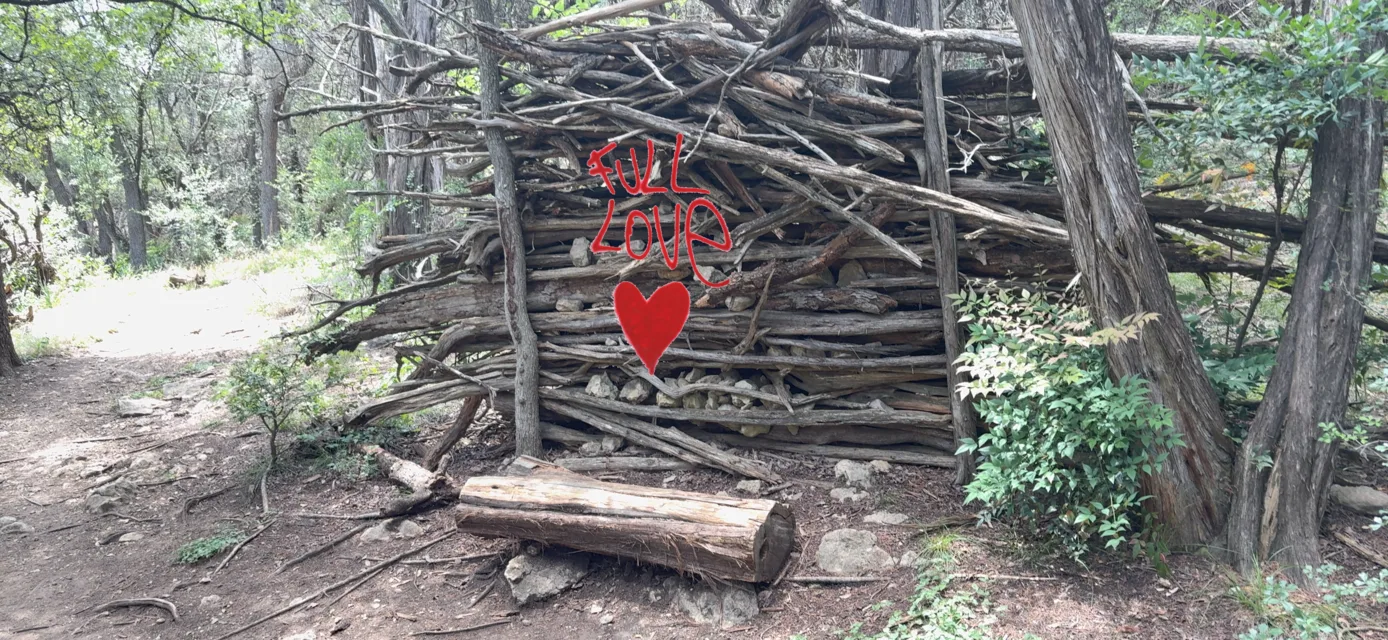 A Virtual Geocache heart emblem floating before a woodland stick shelter